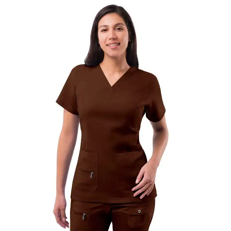 MUESTRA GRATUITA 52009 poliéster Spandex Scrubs elevado cuello en V Scrub Top uniformes de enfermería para mujeres