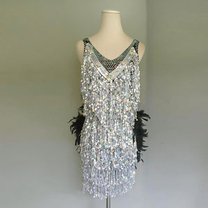 Women's <b>Silver</b> <b>Fringe</b> Latin Dance <b>Dress</b> Adult Ballroom Performance Costume Bar Club Stage Dance Wear with Black Feather Accents - Product Image 5