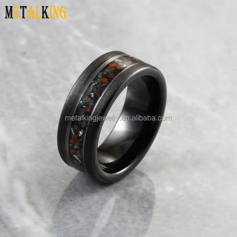 8mm Black Tungsten Ring Crush Dinosaur Bone And Meteorite Inlay Wedding Band