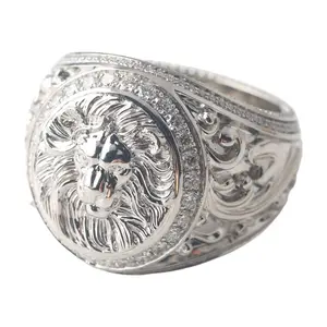 Men's Overbearing Lion Head Punk Platinum Ring Gold Plated Unique Sterling Silver Ring Sterling Silver Lion Head Relief Ring