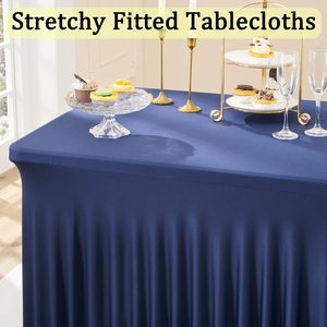 Modern Branded Navy Blue Elastic Satin Stretch 120 Inch <strong>Waterproof</strong> <strong>Table</strong> <strong>Cover</strong> Outdoor Ruffled Wedding Spandex Skirt - Product Image 2