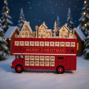 Calendario de Adviento navideño de madera con forma de autobús, decoración navideña tradicional y ecológica con cuenta regresiva de 24 días y escena de pueblo. - Product Image 2