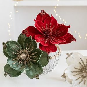 Velvet Artificial Glitter Magnolia Flowers Christmas Poinsettia Ornaments Christmas <b>Tree</b> Magnolia Flowers for Xmas - Product Image 5