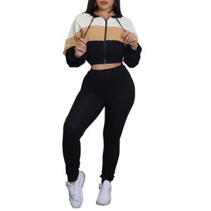 Comfortable Casual Sport With Hooded Colour Block Zipper <b>Top</b> Trousers Women's Two Piece Set Fashion - Product Image 1