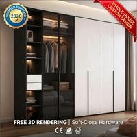 Closet Moderno Personalizado com Acabamento em Vidro Brilhante e Móveis de Madeira para Quarto