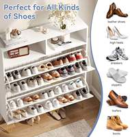 Meuble à chaussures moderne ultra-fin en bois blanc de 9 pouces, 2 tiroirs rabattables, montage facile, portes rayées, pieds en métal doré, gain de place, idéal pour hôtel
