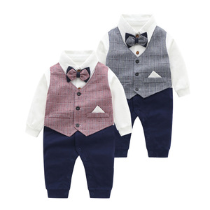 Combinaison bébé garçon à carreaux, style smoking, tenue de gentleman formelle avec nœud papillon pour baptême, combinaison bébé confortable - Product Image 2