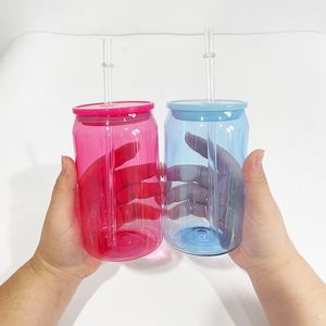 BPA Free Unbreakablea <b>clear</b> Transparent 16oz <b>Jelly</b> Colored Plastic Can Glass with Colorful pp Lids for Iced Coffee Soda Pop - Product Image 4