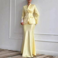 Setelan Jas Formal Elegan Huili Model Slim-Fit, Blazer Warna Solid Berkelas dengan Kantong, Setelan Dua Potong Gaun Satin Wanita