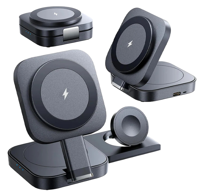 15W PD Fast Wireless Charging Station for Mobile Phone Smart Watch & Tablet-3-in-1 Mini Foldable Aluminum Alloy Adjustable Stand
