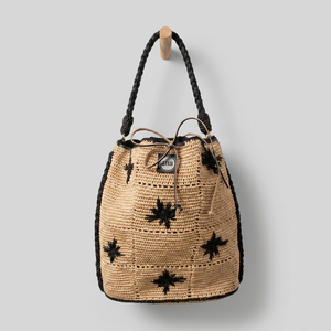 Aana Crochet Shoulder <b>Bag</b> <b>Black</b> Star Embroidery Bohemian Style Drawstring Single Handle Cotton All Seasons Daily Use Beige - Product Image 1
