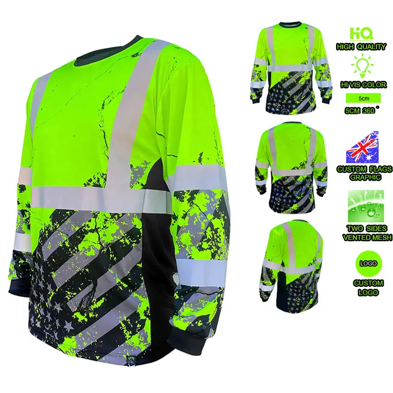 ANSI Class 3 kaus keamanan pakaian kerja Hi Vis Lengan Panjang berlubang kaus visibilitas tinggi perlindungan UV neon