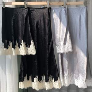 <b>Women's</b> Vintage French Romantic Satin Lace Trim Bias-Cut Acetate <b>Skirt</b> with Natural Waist Midi Length Breathable Summer <b>Skirt</b> - Product Image 2