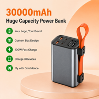 Batterie externe 30000mAh 100W avec logo et emballage personnalisés, haute capacité, multi-ports, affichage numérique, compatible avion, OEM/ODM, logo personnalisé