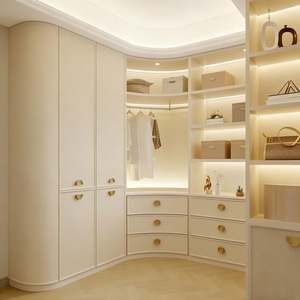 Armoire de rangement en forme de L de style crème BALOM, armoire d'angle avec tiroirs, zone de suspension, poignée dorée, meubles de chambre à coucher - Product Image 5