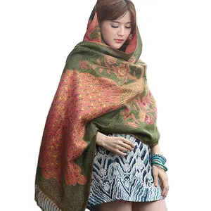 Wholesale ethnic style jacquard fringed shawl oversized peacock scarf with gold thread