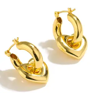 도매 패션 보석 프랑스 간단한 더블 루프 복숭아 심장 Huggie 귀걸이 금속 황동 도금 18K 트루 골드 클립 귀걸이