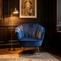 Fauteuil d'appoint moderne en velours bleu marine, design durable, capitonné, avec pieds en métal doré, pour salon, certifié BSCI