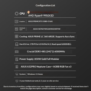 En stock – Vente en gros – PC de jeu ASUS personnalisé avec refroidissement DIY – R9 9950X3D 48G DDR5 1TB SSD RTX 5080 – Commande en gros prête à être expédiée – Haute performance - Product Image 2