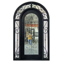 Puerta de Entrada Sencilla Arqueada de Hierro Forjado Moderna y de Lujo con Ventana de Vidrio con Diseño de Espiral y Función Antirrobo para Entrada Exterior de Villa