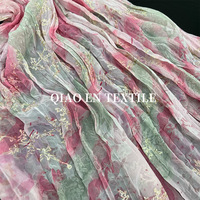 Tissu en Chiffon Froissé Ombré Rose-Vert avec Broderie Feuille et Branche en Fil Doré, 100% Polyester, Imprimé Dégradé Semi-Transparent Fluide