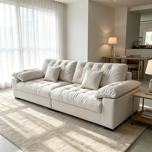 Canapé moderne en tissu capitonné en forme de L, trois places, avec accoudoirs rembourrés, pieds en bois, design minimaliste scandinave, meubles de salon - Product Image 5