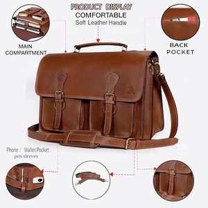 Sac à main pour ordinateur portable en cuir véritable vintage fait main pour hommes avec bandoulière pour le bureau, les affaires, le travail, l'université - Product Image 4