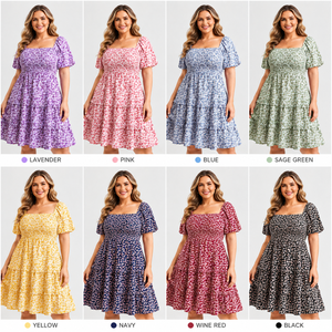 Service personnalisé OEM, robes à fleurs pour femmes, manches bouffantes courtes, col carré, détail plissé, robes midi pour femmes, élégantes - Product Image 2