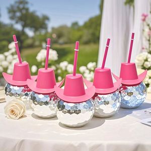 Cowgirl Lids New Party Hat Cowboy Electroplated Glitter Cowgirl Style 500ml PS <b>Plastic</b> Disco Ball Drinking Cup with Straw - Product Image 1