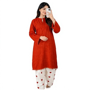 Women Red Cotton <b>Kurti</b> With Heart Print Palazzo Set Casual Loose Fit Ankle Length Indian Pakistani Style All Seasons Wear - Product Image 1