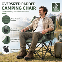 Chaise de camping pliante carrée moderne avec rembourrage épais, tissu Oxford vert, structure en tube métallique, porte-gobelet intégré, sac de rangement latéral