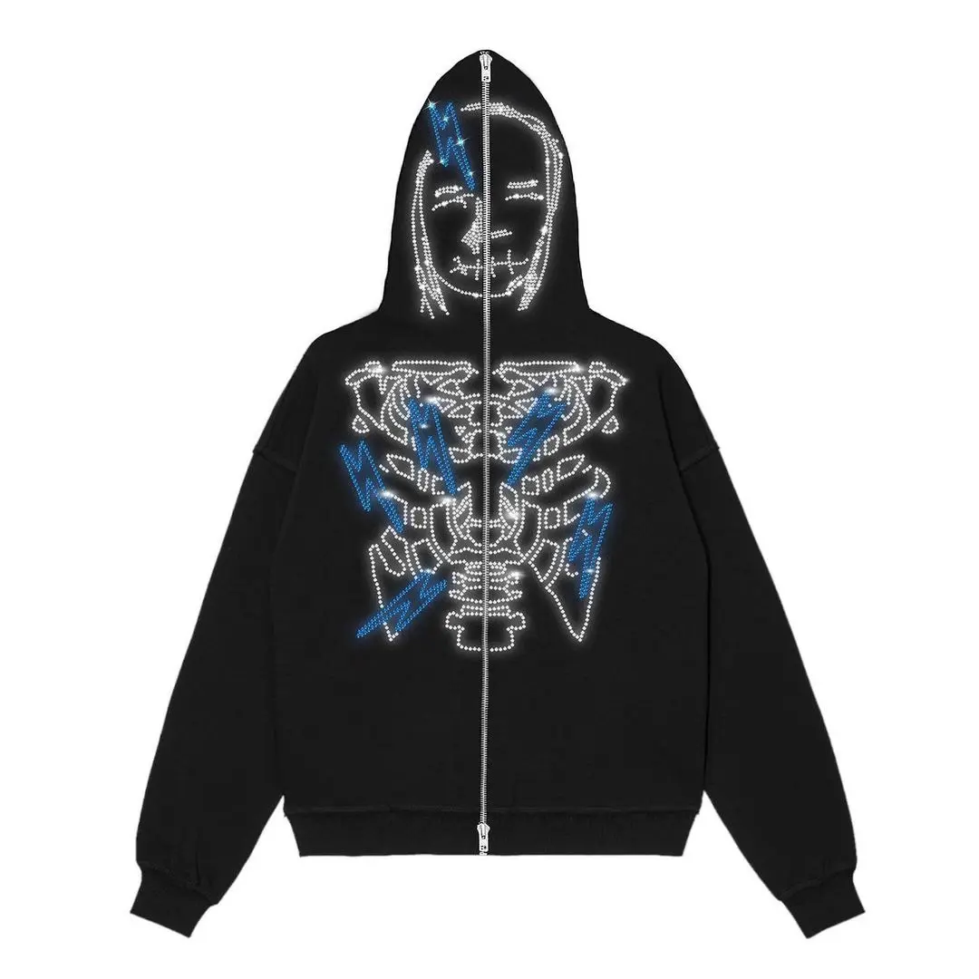 Custom Logo Zip Up Rhinestone Fleece Blank Black Men Oversized Zipped Skeleton Zipper Full Body Zip Up Face Hoodie For Men