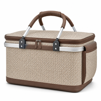 Panier de pique-nique isotherme beige tressé pliable avec poignée en aluminium pour les courses et les rassemblements en plein air