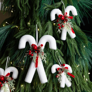 <b>Flocked</b> White Candy Cane <b>Christmas</b> <b>Tree</b> Hanging Ornaments With Bow Red Berry Pinecone Foliage Holiday Winter Home Decoration - Product Image 2