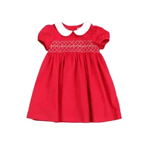 OEMクリスマススモックドレス赤い女の子服パフスリーブコーデュロイピーターパンカラーブティック子供服卸売ロット567