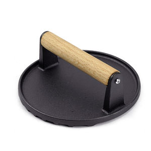 Prensa de parrilla de hamburguesa ecológica de hierro fundido redondo de 7 pulgadas de alta calidad, resistente con mango de madera, <span class=keywords><strong>plancha</strong></span> para barbacoa - Product Image 1