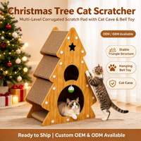 Griffoir pour chat en forme de sapin de Noël, griffoir multi-niveaux en carton ondulé avec niche pour chat et jouet clochette suspendu