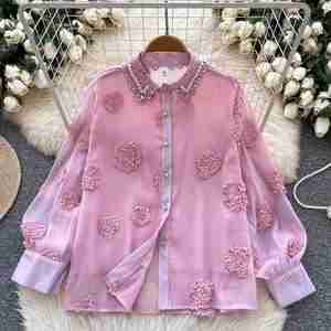 Autumn Loose Full Sleeve Others Collar Casual Mesh Blouses Women Floral <b>Beading</b> Shirts Front Elegant <b>Tops</b> Clothes Wholesale - Product Image 1