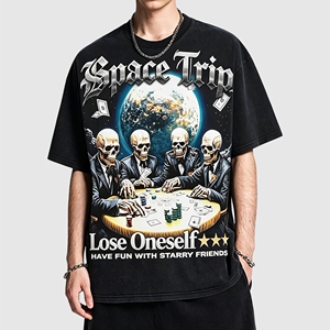 เสื้อยืดสตรีทแวร์แขนสั้นทรงโอเวอร์ไซส์สำหรับผู้ชาย ผ้าฝ้าย 100% พิมพ์ลายเอเลี่ยนอวกาศวินเทจสีดำ - Product Image 2