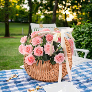 Piccola mezza luna cesto di vimini marrone Rattan cesto di stoccaggio di fiori con manico e nastri tessuto tecnica - Product Image 4