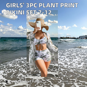 Traje de Baño de 3 Piezas con Estampado de Plantas para Niñas de 7 a 12 Años, Traje de Baño Infantil 2025, Traje de Baño para Adolescentes, Ropa de Playa - Product Image 2