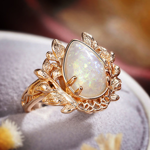 Anello A005 con Opale, Oro Massiccio 18K Placcato Oro Rosa, Gemma Taglio a Pera, Design a Pianta, Gioiello Raffinato da Donna per Fidanzamento - Product Image 2