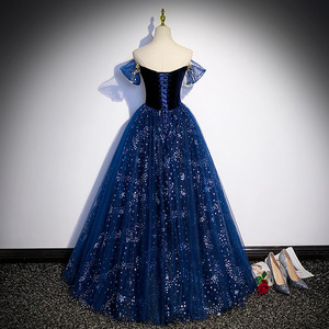 Blue Off The Shoulder Ball Gown Empire Waist Royal Blue Tulle Sparkle Evening Dress For Formal Events - Product Image 4