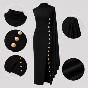 <span class=keywords><strong>Robe</strong></span> de Soirée Personnalisée Femme Sans Manches Col Montant Cape Boutons Dorés Fente Haute Moulante Longue <span class=keywords><strong>Cocktail</strong></span> Formelle Vente en Gros - Product Image 3