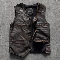 Gilet en cuir véritable Amekaji Tea-Core pour homme, gilet de moto multi-poches en cuir de vachette lourd délavé style vintage