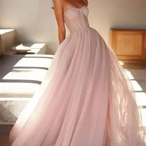 Gaun malam leher Sweetheart Pink ringan desain baru gaun Prom A-line manik-manik Tulle elegan dengan ritsleting