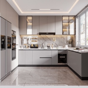Meubles <span class=keywords><strong>de</strong></span> <span class=keywords><strong>cuisine</strong></span> en L bicolores blanc <span class=keywords><strong>et</strong></span> noir 2025, style Shaker moderne sans poignées, étagères ouvertes LED, comptoir en marbre, personnalisables, conformes aux normes CARB, OEM - Product Image 2