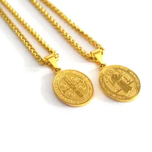 Colar de medalhas de aço inoxidável para homens, colar religioso vintage com pingente de fé católica, medalha de São Bento, medalhão de ouro e ouro, rosários religiosos