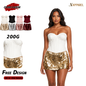 Conjunto de Dos Piezas A&J 200G con Certificación GRS para Mujer, Top Bustier con Varillas, Minifalda con Lentejuelas, Diseño Personalizado sin Tirantes - Product Image 1