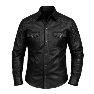 Camisa de Cuero de Cordero Negro para Hombre, Manga Larga y Corta, con Panel Acolchado en el Hombro, Botones a Presión, Estilo Casual para Fiesta - Product Image 1